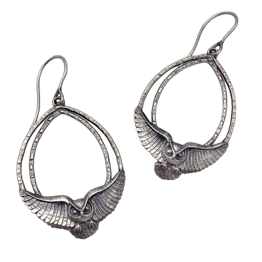 Boho Vintage Silver Owl Hoop Earrings
